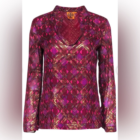 Tory Burch - Pink & Metallic Gold Print Silk long sleeve Blouse - Picture 3 of 8